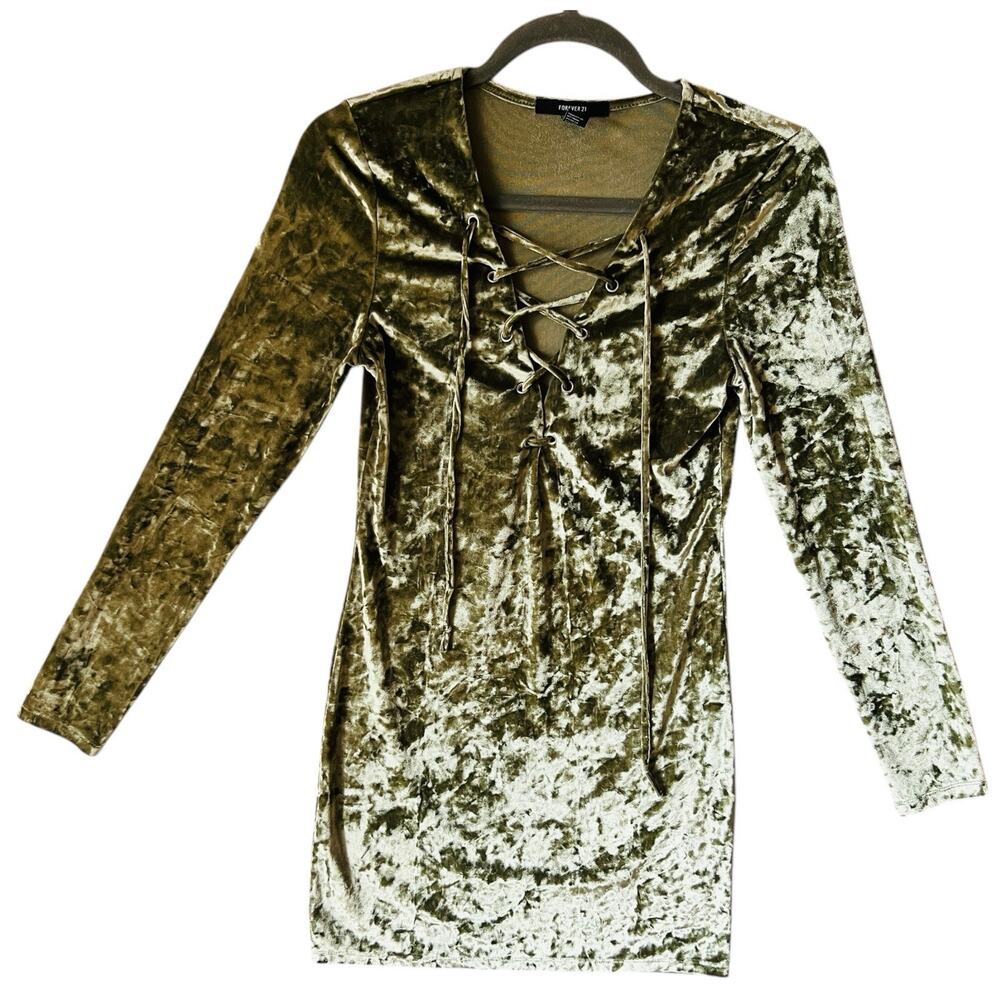 Y2K Crushed Velvet Mini Dress Sz M Lace Up Fairy Goblin Whimsigoth Grunge Green